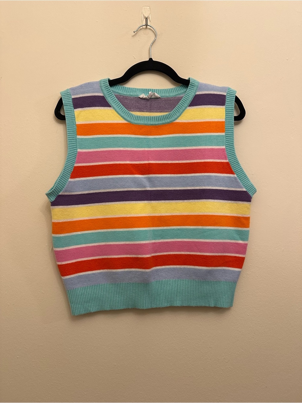 THML Women’s Large Rainbow Stripe Sweater Vest Colorful Retro Knit Tank Preppy
